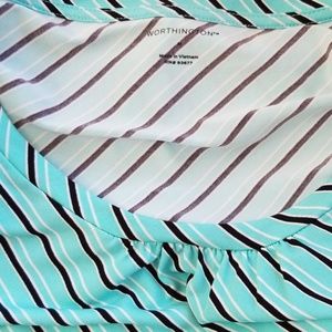 Light turquoise/aqua, navy blue striped shirt.